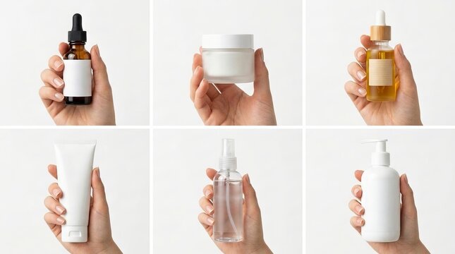 Hand Holding Various Cosmetic Packaging Mockups for Skincare and Beauty Brands