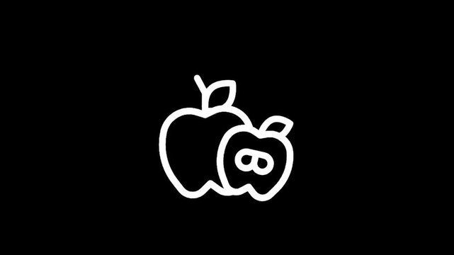 Simple white line art icon of two apples, one whole and one halved, on a black background