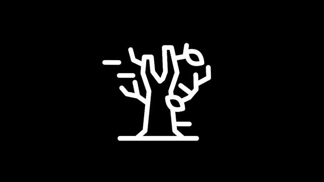 Stylized icon of a bare tree with a few leaves blowing in the wind