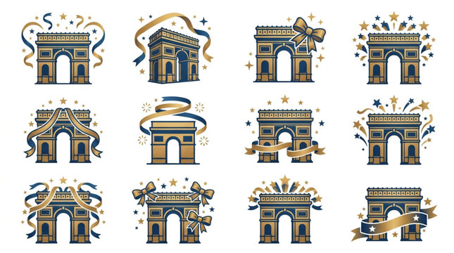 Collection of Arc de Triomphe illustrations with festive decorations.