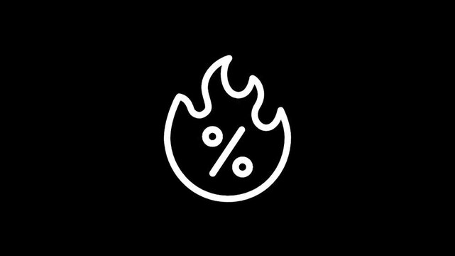 Hot sale discount percentage icon with flames on black background, representing special offers