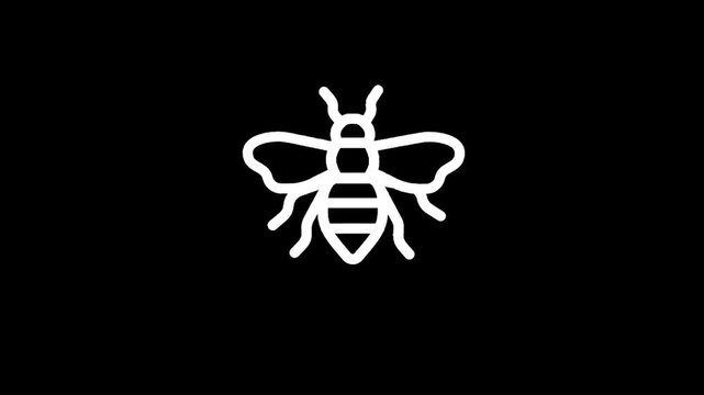 Simple white bee icon on a black background, minimalist insect illustration