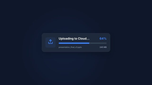 Cloud upload progress animation, file transfer bar with percentage increasing from 18% to 100%, seamless loop, symbolizing data transfer and online storage