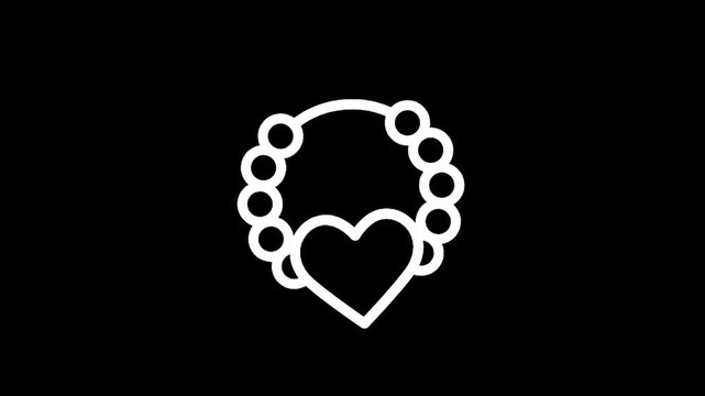 Simple white outline of a beaded bracelet with a heart charm on a black background