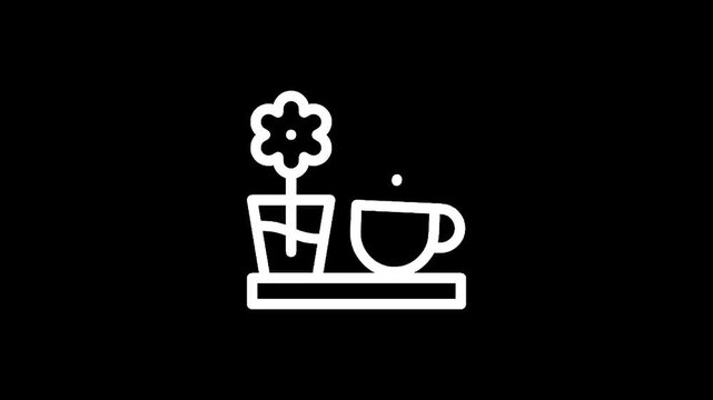 Simple line art icon of a potted flower and a cup of coffee on a tray