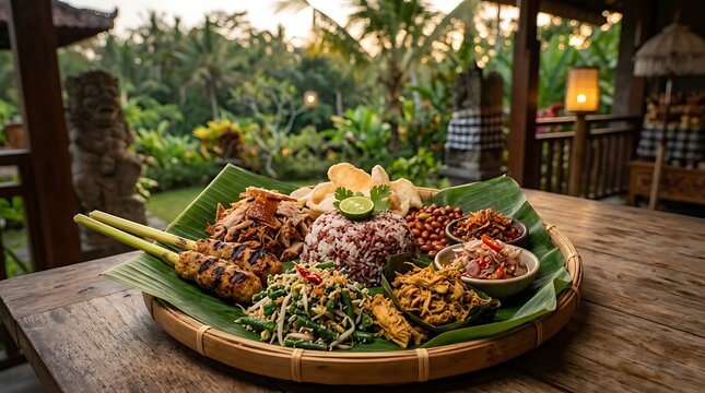 Traditional Indonesian food on wooden table.