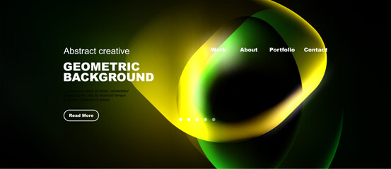 Naklejka premium Dark background features vibrant green, yellow shapes. Website header includes navigation options work, about, portfolio, contact. Minimalist design.