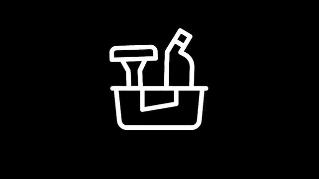 Simple white line icon of cleaning supplies in a caddy on a black background