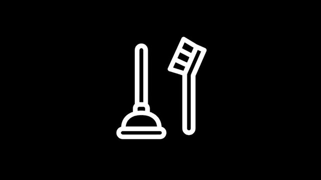 Simple white line icons of a plunger and a cleaning brush on a black background