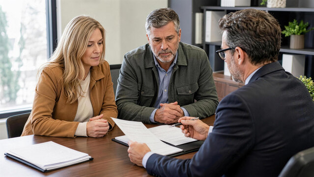 Couple Meeting Lawyer to Review Settlement Documents