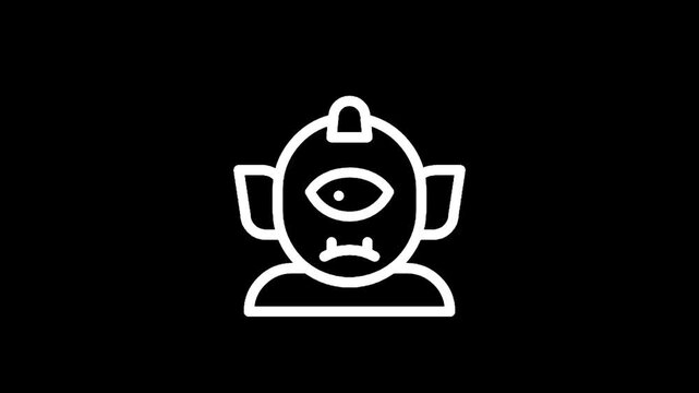 Simple line art icon of a cyclops monster with one eye and fangs on a black background