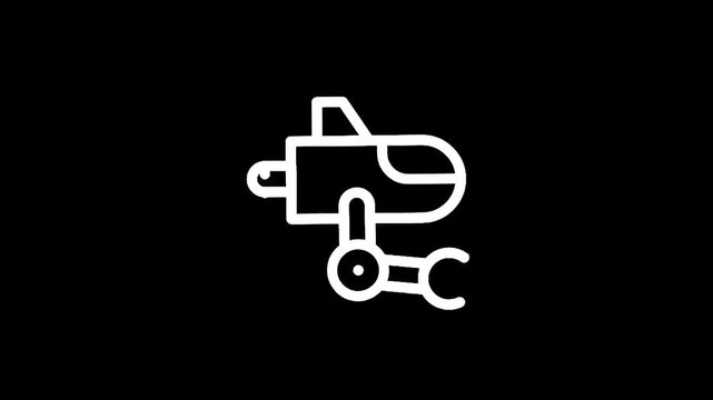 Stylized icon of a robotic arm attached to a futuristic vehicle on a black background
