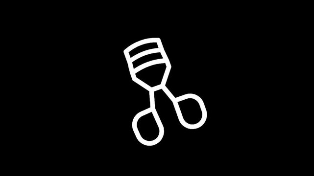 Simple white line art icon of an eyelash curler on a black background