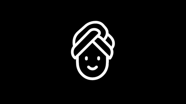 Simple white icon of a smiling person wearing a towel wrapped around their head on a black background
