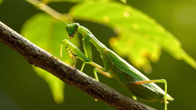 Close-up of a praying mantis perched on a branch in a lush green environment.