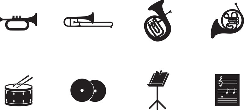 Trumpet silhouette vector icon set with brass instruments trombone and music band equipment symbols. silhouette vector illustration