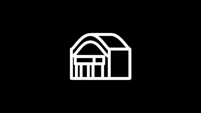 Minimalist white outline of a modern building with a curved roof on a black background