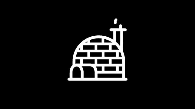 Simple white igloo icon with smoke coming from chimney on black background