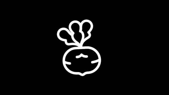 Simple white line drawing of a turnip with green leaves on a black background