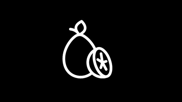 Simple white outline icon of a pear and a slice of citrus fruit on black background