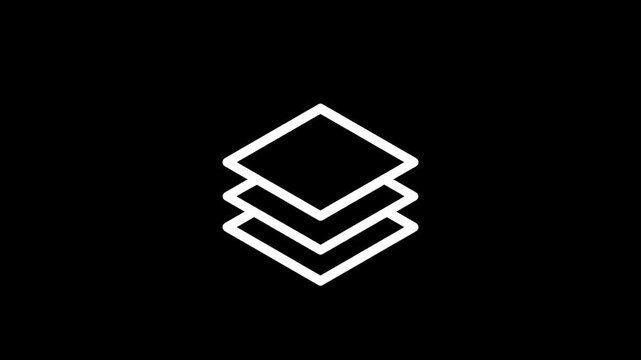 Simple white stacked squares icon on a black background, representing layers or data