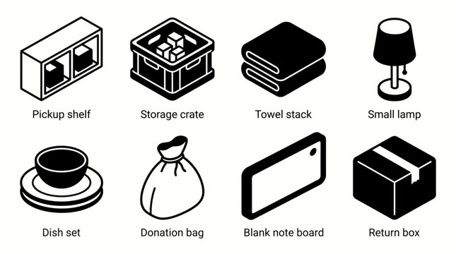 Various household items: pickup shelf, storage crate, towel stack, small lamp, dish set, donation bag, blank note board, return box