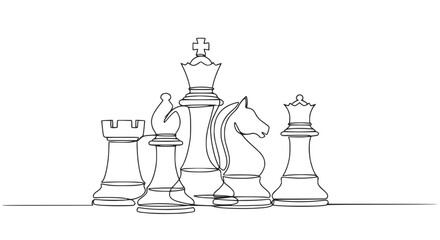 Minimalist single line drawing of chess pieces: king, queen, rook, bishop, knight, white background © Dodo
