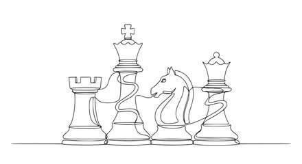 Continuous Line Drawing of Chess Pieces: King, Queen, Rook, Knight - Strategy Concept © Dodo