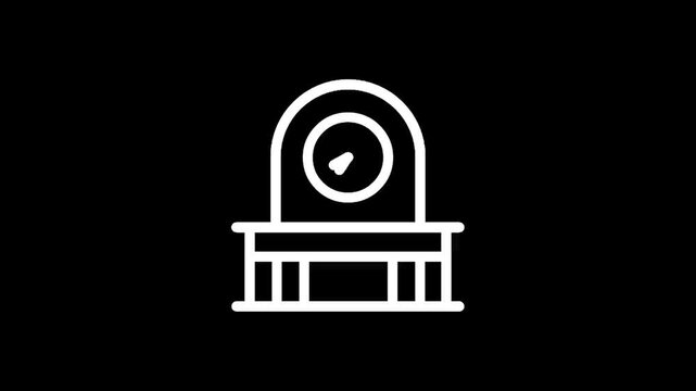 Simple white line icon of a grandfather clock on a black background