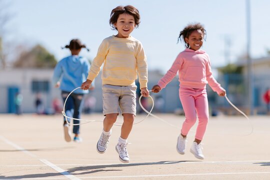 Three children jumping rope on school playground fitness training