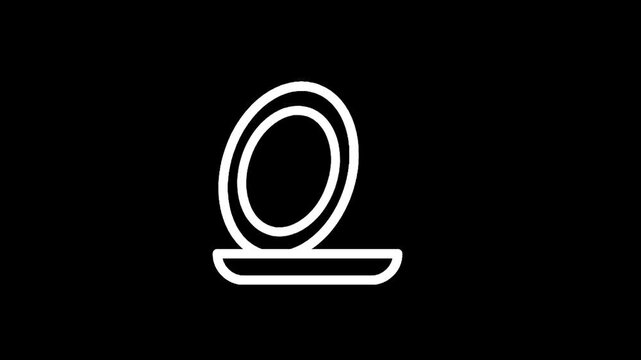 Simple white line icon of a compact makeup mirror on a black background