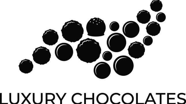 Minimalist black and white vector illustration depicting a collection of delicious luxury chocolate truffle candies