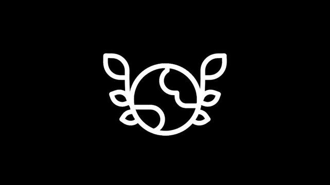Minimalist white line art of planet Earth with green leaves on a black background