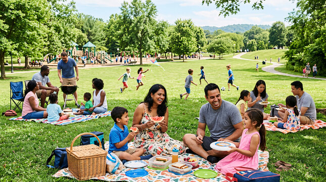 Familles heureuses profitant d'un pique-nique estival dans un parc public verdoyant avec des enfants qui jouent en arri&egrave;re-plan.
