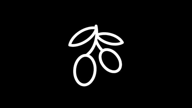 Simple white line art of olive branch with two olives and leaves on black background