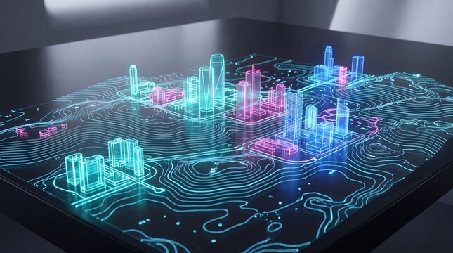 Futuristic digital twin city hologram on interactive table