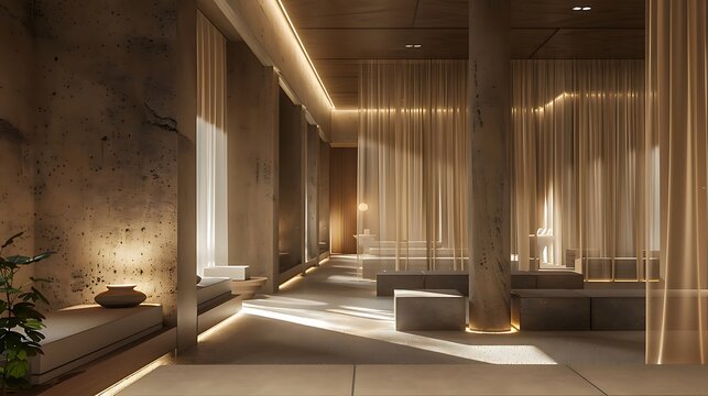 Sleek professional corporate lounge decorated with organic textures and stone panels, bathed in serene morning sunlight reflections. Setup variant 333.