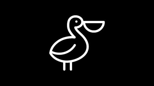 Minimalist white pelican icon with a fish in its beak on a black background