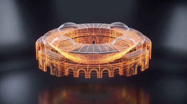 Futuristic 3D wireframe hologram of ancient Roman amphitheater