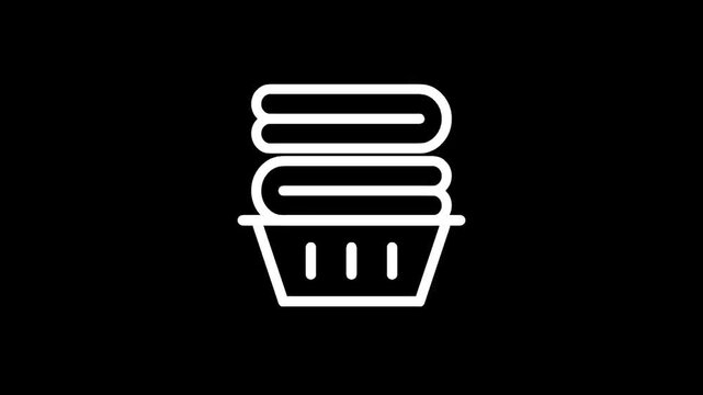 Clean folded laundry stacked neatly inside a basket, minimalist white icon on black background
