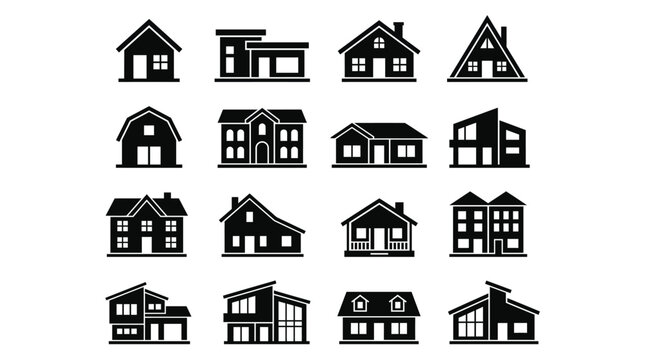 Collection of Modern and Traditional House Silhouette Icons for Design