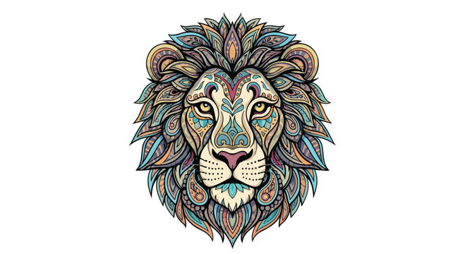 Intricate mandala lion head vector, ornate zentangle animal portrait with bohemian patterns, colorful tribal lion illustration for t-shirt design