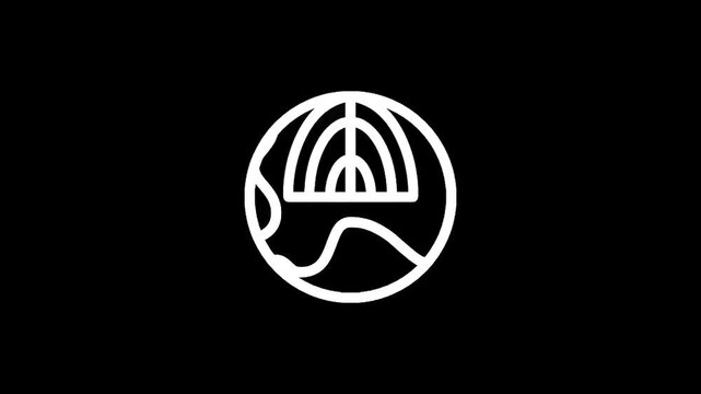 Abstract white circular logo with organic shapes and geometric elements on a black background