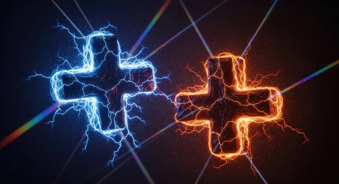 Electric crosses, glowing plus signs, neon symbols, abstract icons