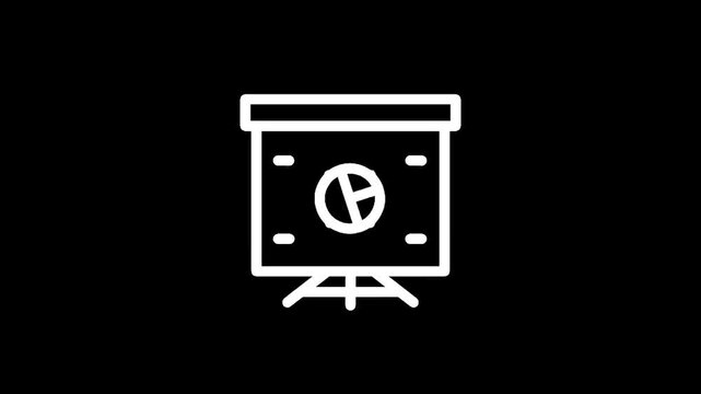 White line art icon of a presentation board with a pie chart on a black background