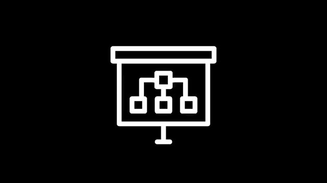 White flowchart diagram on a presentation screen, simple icon design on black background