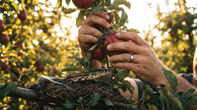 Hand Picking Red Apple with Hidden Snake on Branch
