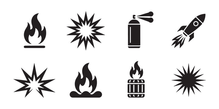Explosion and fire hazard icons set featuring fire flames chemical spray and rocket launch signs.
