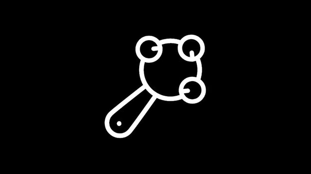 Simple white outline of a baby rattle on a black background