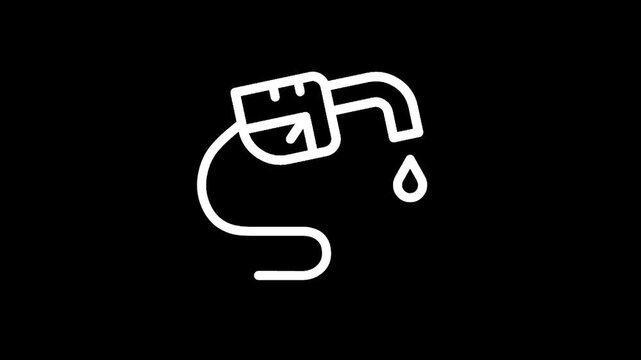 Simple white line icon of a gas pump nozzle with a drop of fuel falling